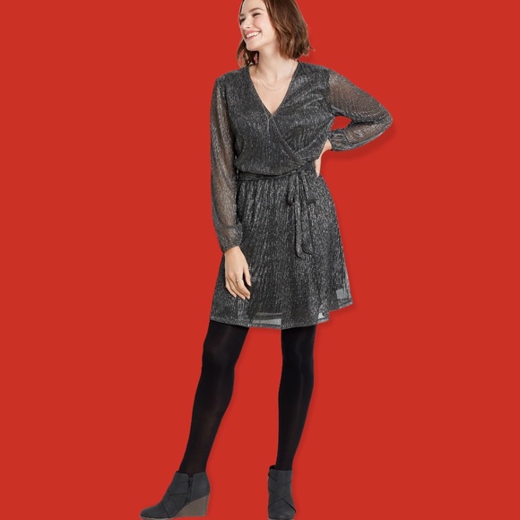 LARGE Black Metallic Wrap Tie Waist Mini Dress - Picture 5 of 17